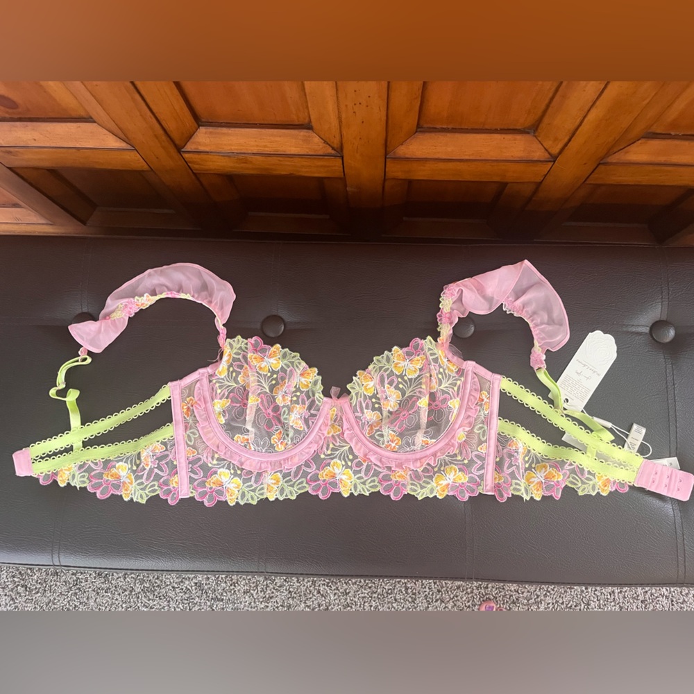 For Love & Lemons Pink Floral Embroidered Balcony Bra with Lime Accents